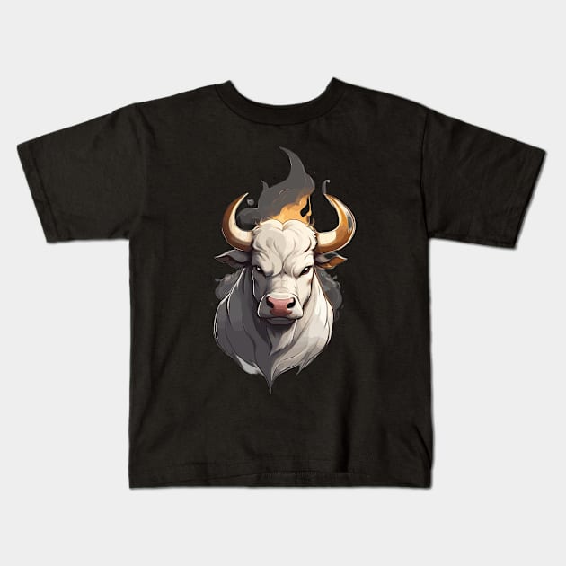 White Farm Bull Head with Horns and Fire Kids T-Shirt by Rossie Designs